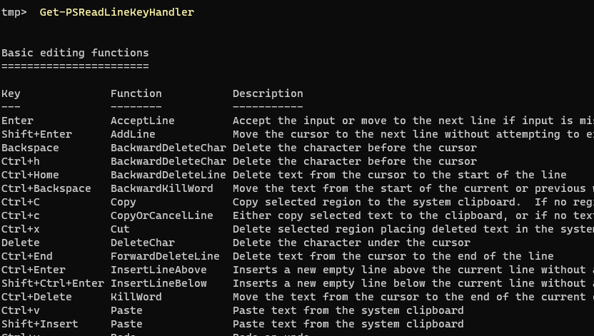 List all the keyboard shortcuts that are available in PowerShell.